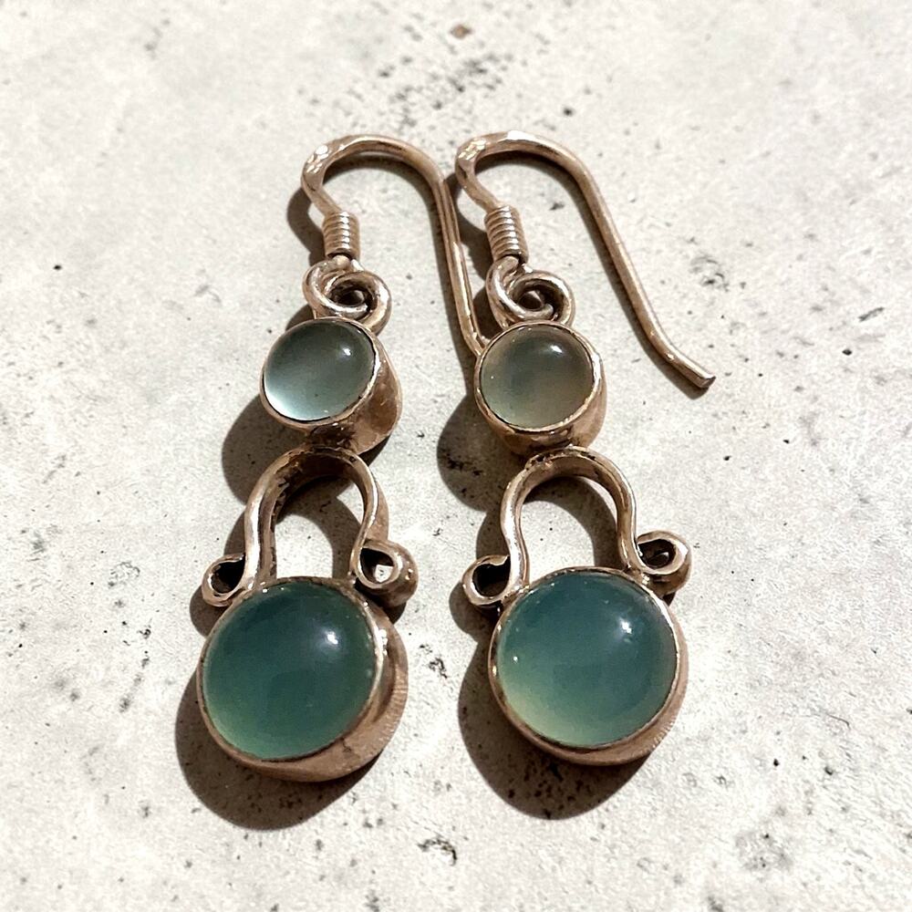 Bohemian 925 Artisan Dangle Earrings blue Chalcedony Cabachons